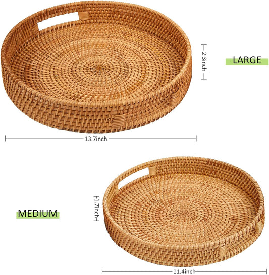 Round Rattan Serving Tray with Handles,2 Hand Woven Basket, Home Decor Organizer Tray for Breakfast, Tea, Snack, Fruit, Coffee, Storage (Large + Medium)(14.17inchX2.3inch+11.9inchX1.7inch