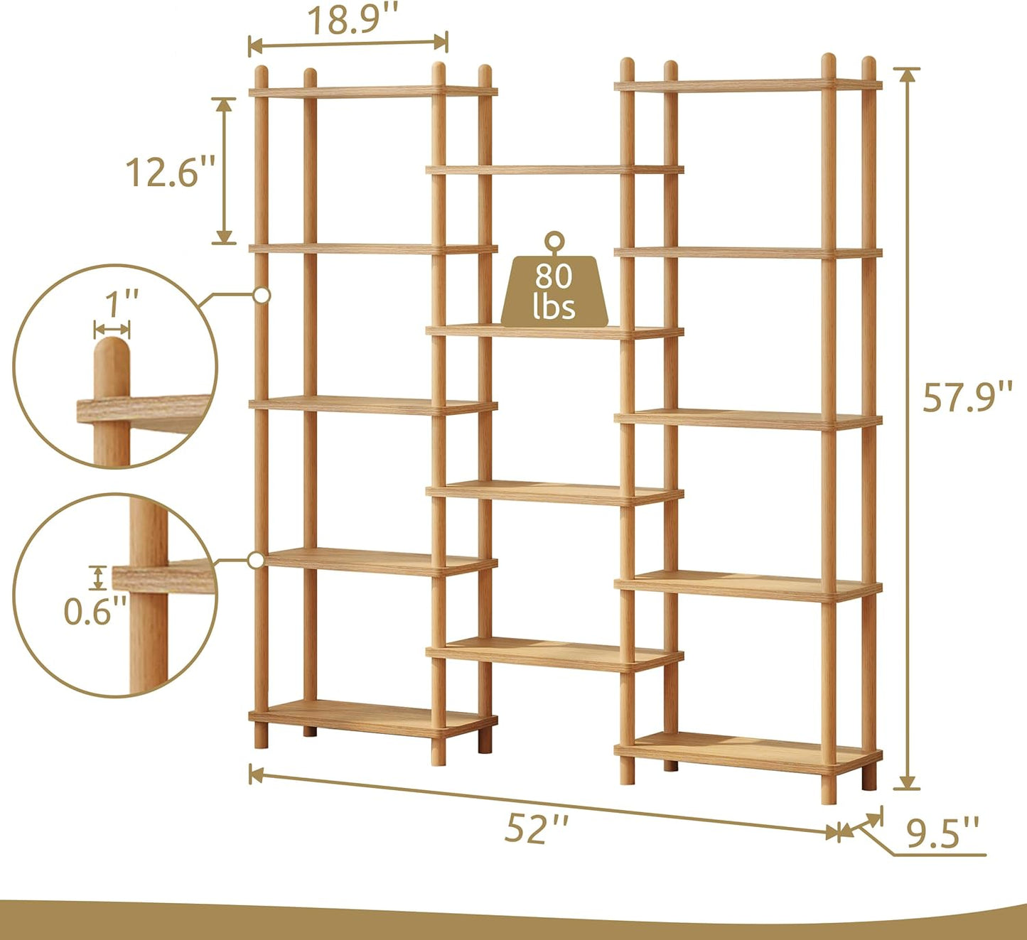 IOTXY Wooden Triple Wide Bookshelf - 5-Tier Large Shelf Bookcase with Solid Beech Frame, Tall Freestanding Open Etagere Display Rack for Home Office, Oak