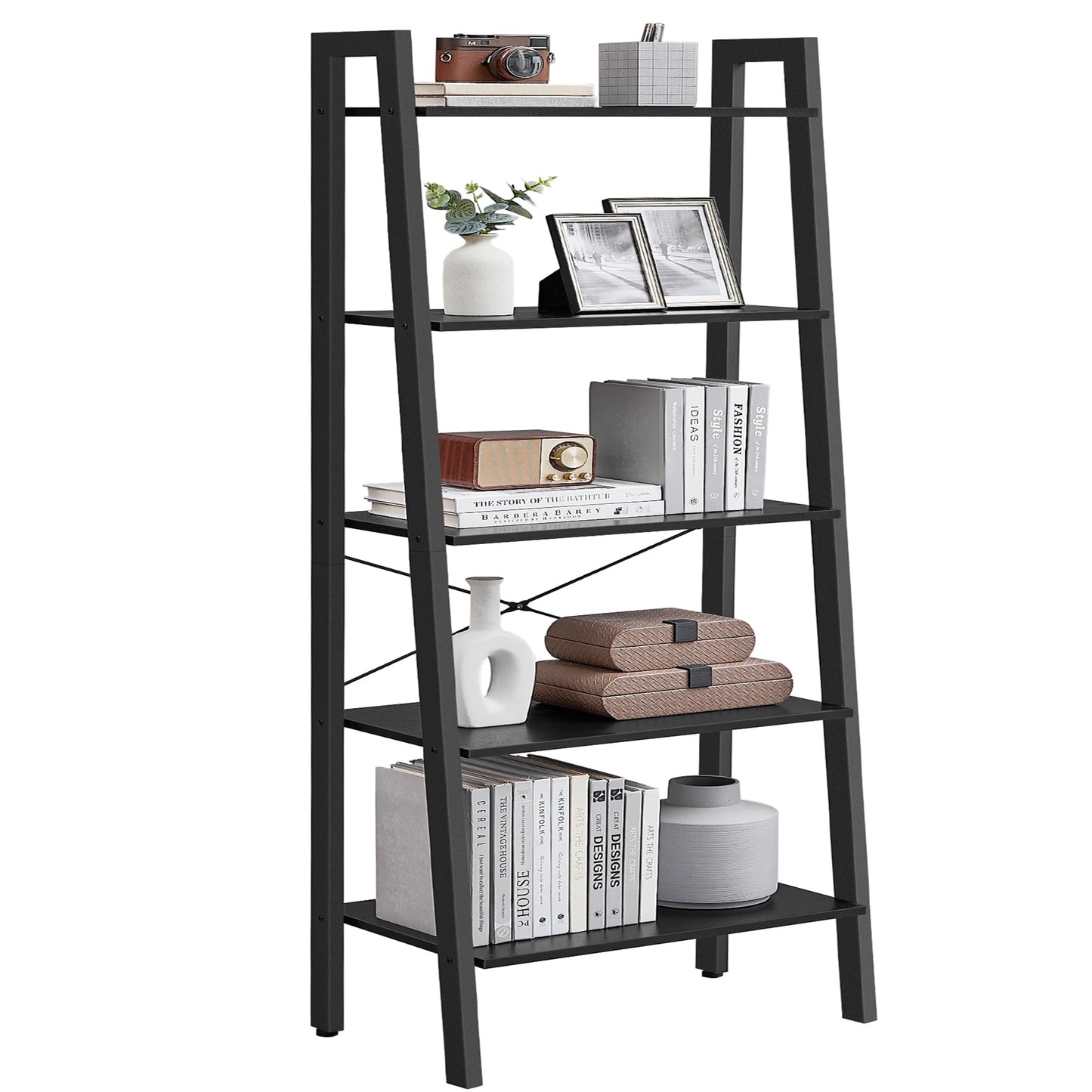 VASAGLE Ladder Shelf, 4-Tier Bookshelf, Storage Rack, Bookcase with Steel Frame, for Living Room, Home Office, Kitchen, Bedroom, Industrial Style, Rustic Brown and Ink Black ULLS44X
