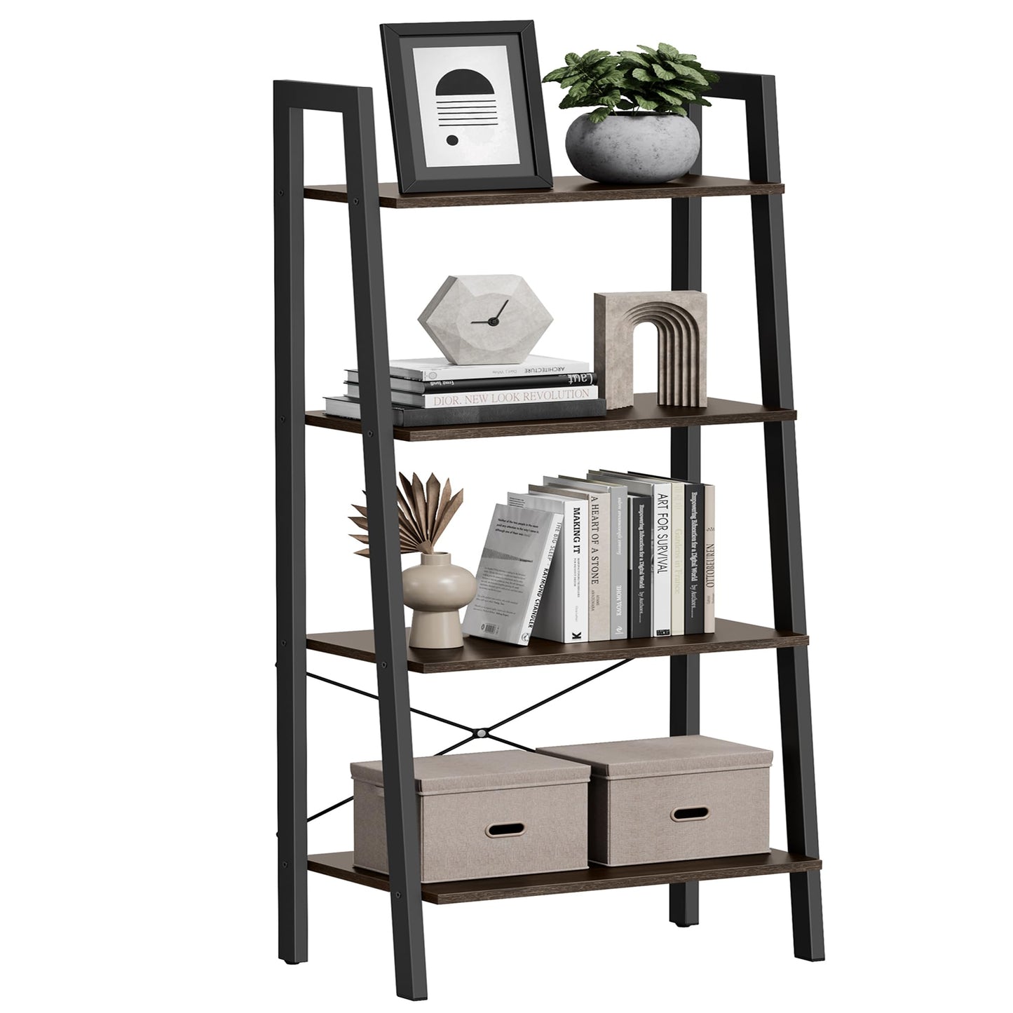 VASAGLE Ladder Shelf, 4-Tier Bookshelf, Storage Rack, Bookcase with Steel Frame, for Living Room, Home Office, Kitchen, Bedroom, Industrial Style, Rustic Brown and Ink Black ULLS44X