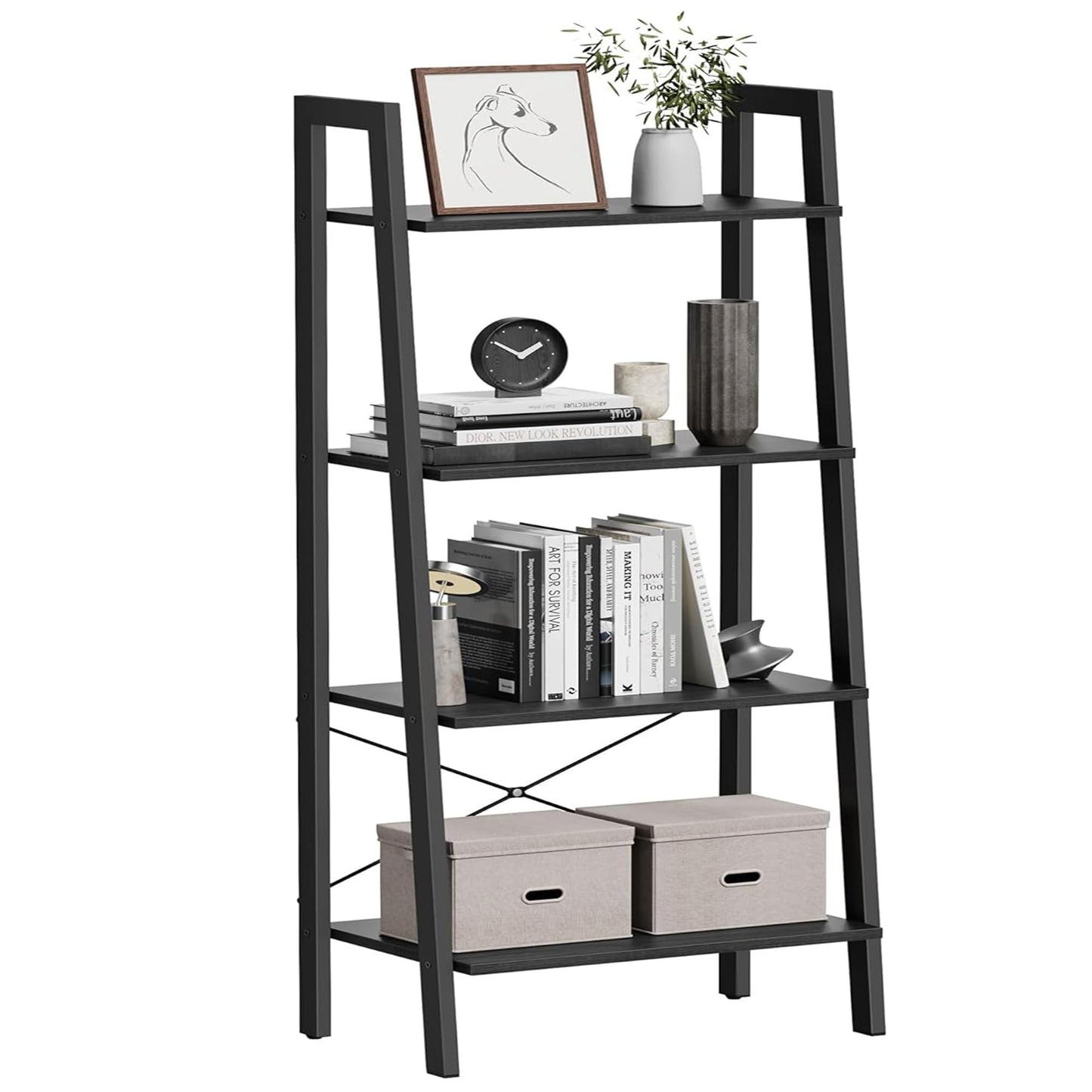 VASAGLE Ladder Shelf, 4-Tier Bookshelf, Storage Rack, Bookcase with Steel Frame, for Living Room, Home Office, Kitchen, Bedroom, Industrial Style, Rustic Brown and Ink Black ULLS44X