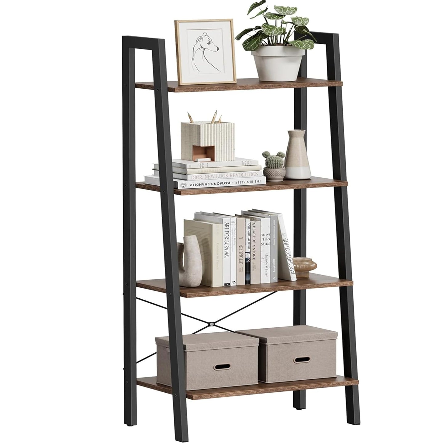 VASAGLE Ladder Shelf, 4-Tier Bookshelf, Storage Rack, Bookcase with Steel Frame, for Living Room, Home Office, Kitchen, Bedroom, Industrial Style, Rustic Brown and Ink Black ULLS44X