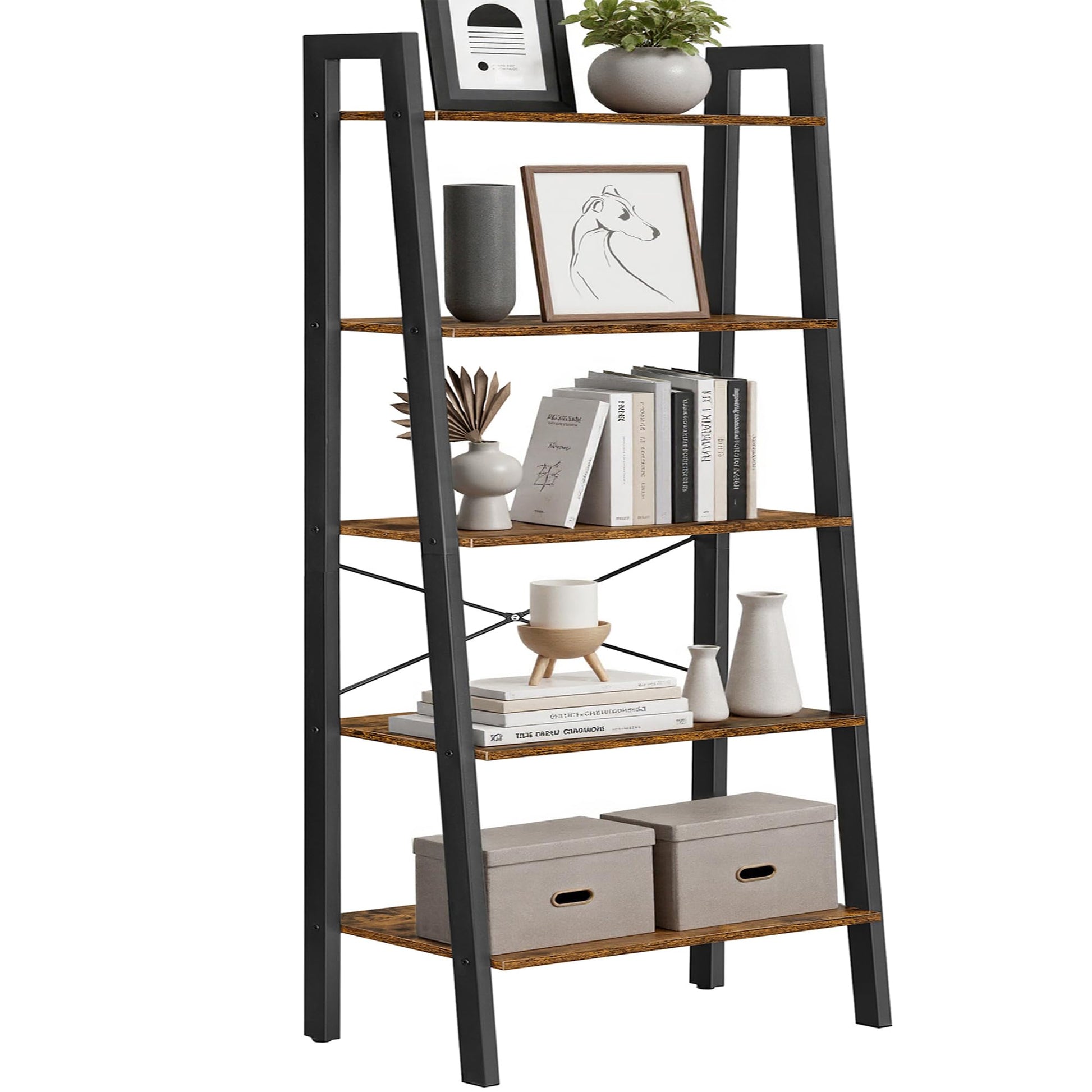 VASAGLE Ladder Shelf, 4-Tier Bookshelf, Storage Rack, Bookcase with Steel Frame, for Living Room, Home Office, Kitchen, Bedroom, Industrial Style, Rustic Brown and Ink Black ULLS44X