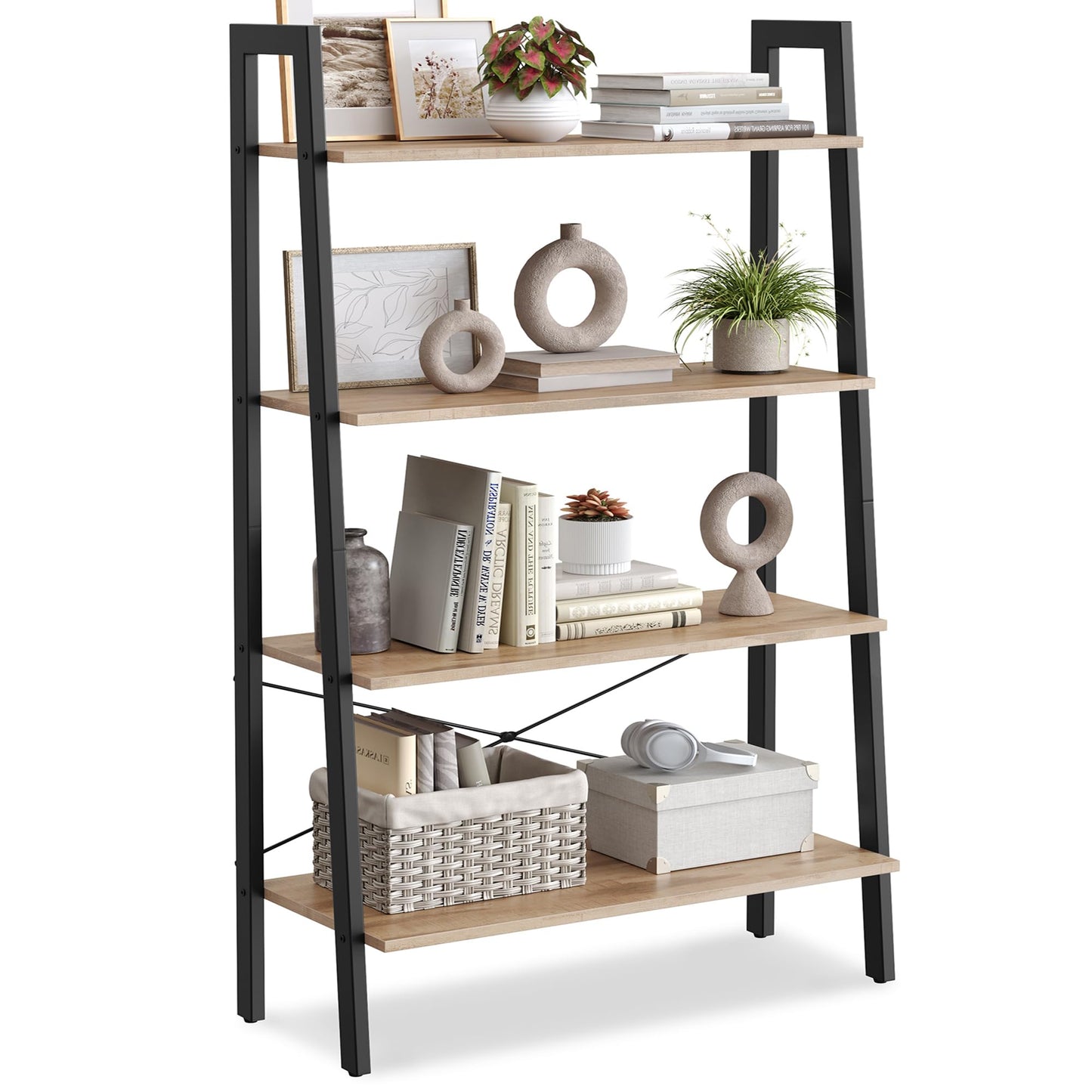 VASAGLE Ladder Shelf, 4-Tier Bookshelf, Storage Rack, Bookcase with Steel Frame, for Living Room, Home Office, Kitchen, Bedroom, Industrial Style, Rustic Brown and Ink Black ULLS44X