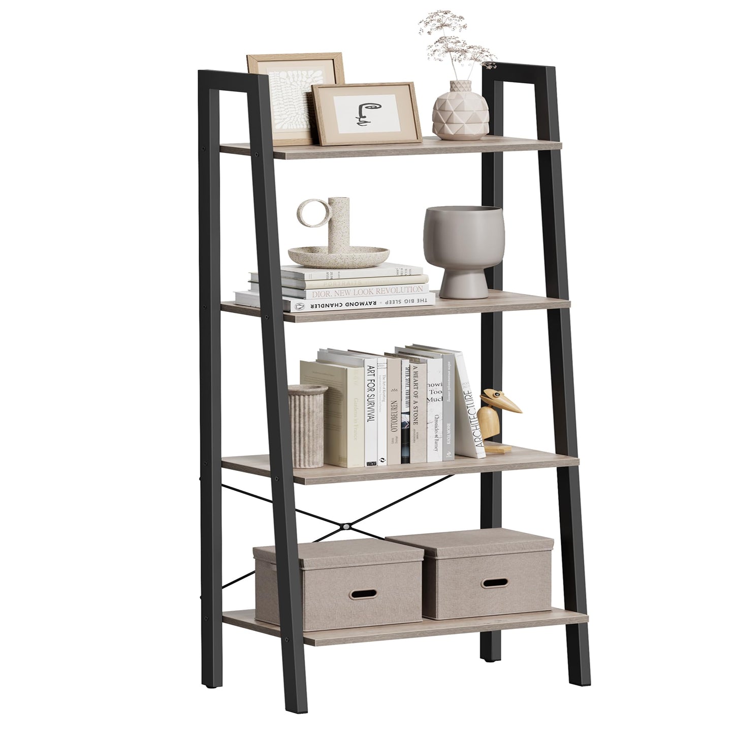 VASAGLE Ladder Shelf, 4-Tier Bookshelf, Storage Rack, Bookcase with Steel Frame, for Living Room, Home Office, Kitchen, Bedroom, Industrial Style, Rustic Brown and Ink Black ULLS44X