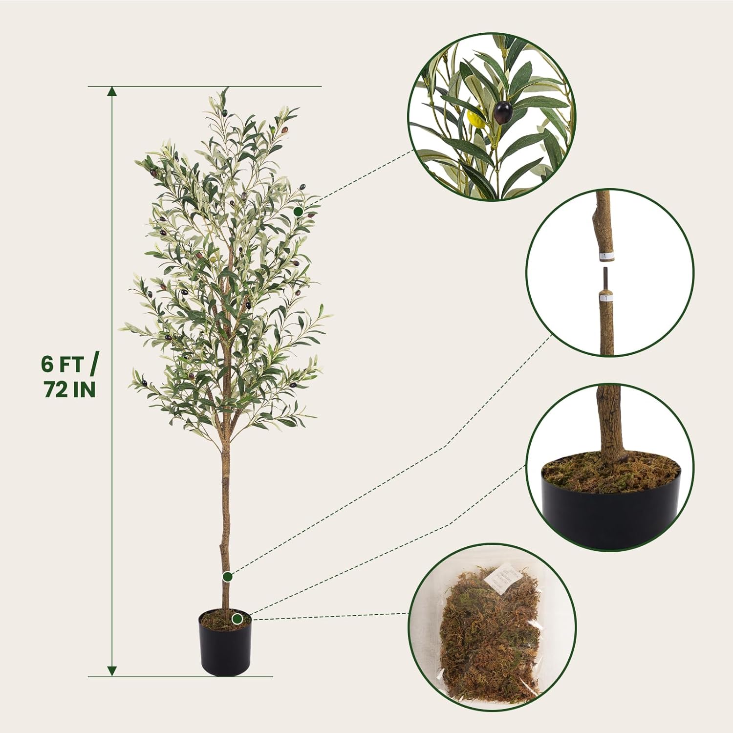 Artificial Fake Olive Tree 6FT Tall 1Pack Faux Silk Olive Tree for Home Living Room Office Decor Faux Artificial Plants Indoor Fake Potted Plants with Fruit & Free Moss