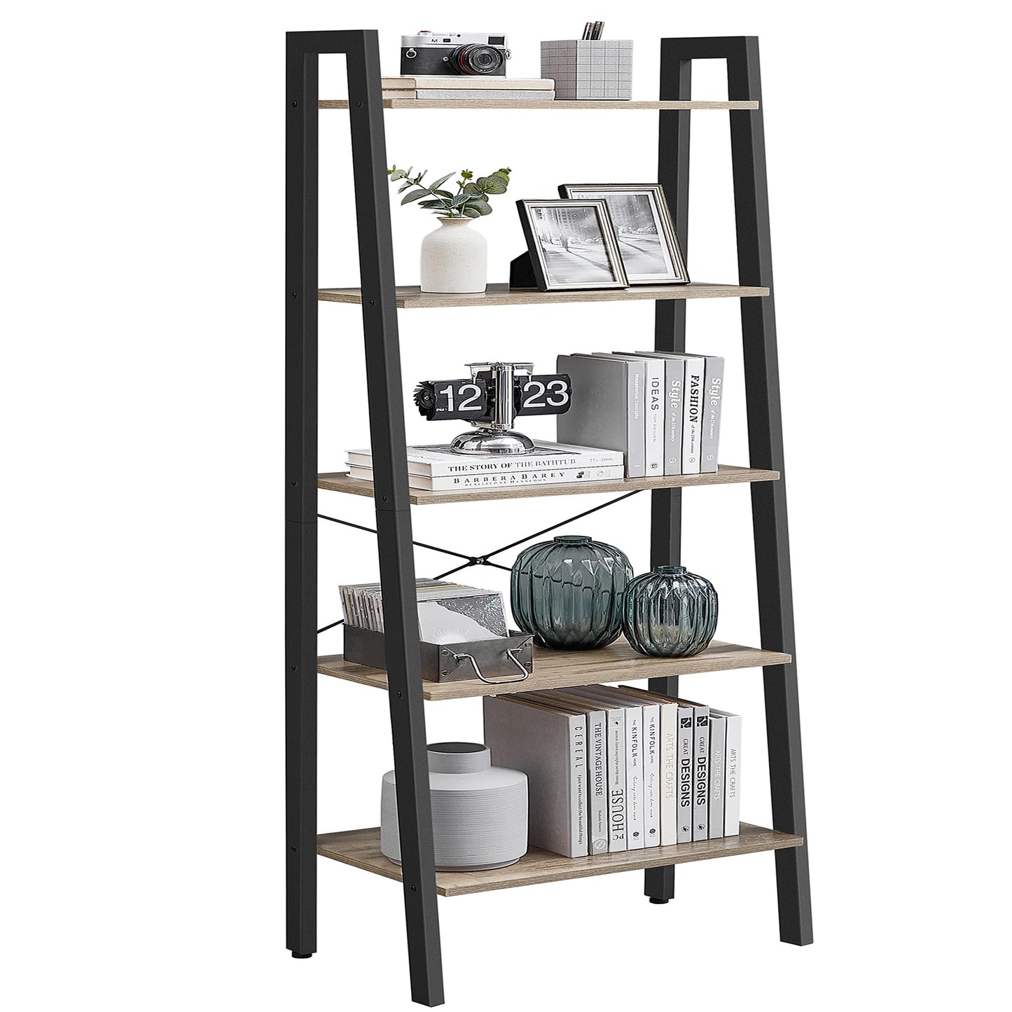 VASAGLE Ladder Shelf, 4-Tier Bookshelf, Storage Rack, Bookcase with Steel Frame, for Living Room, Home Office, Kitchen, Bedroom, Industrial Style, Rustic Brown and Ink Black ULLS44X