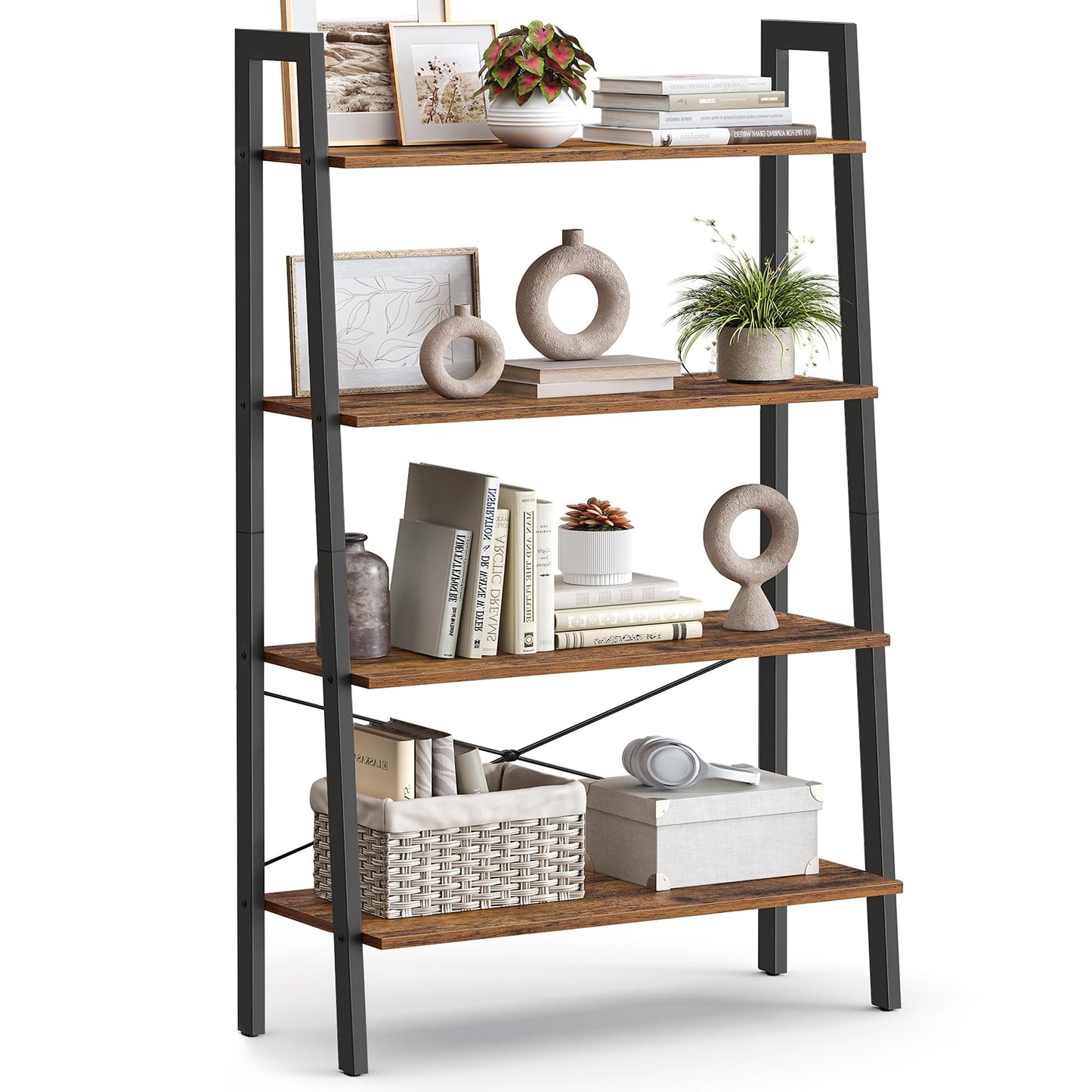 VASAGLE Ladder Shelf, 4-Tier Bookshelf, Storage Rack, Bookcase with Steel Frame, for Living Room, Home Office, Kitchen, Bedroom, Industrial Style, Rustic Brown and Ink Black ULLS44X