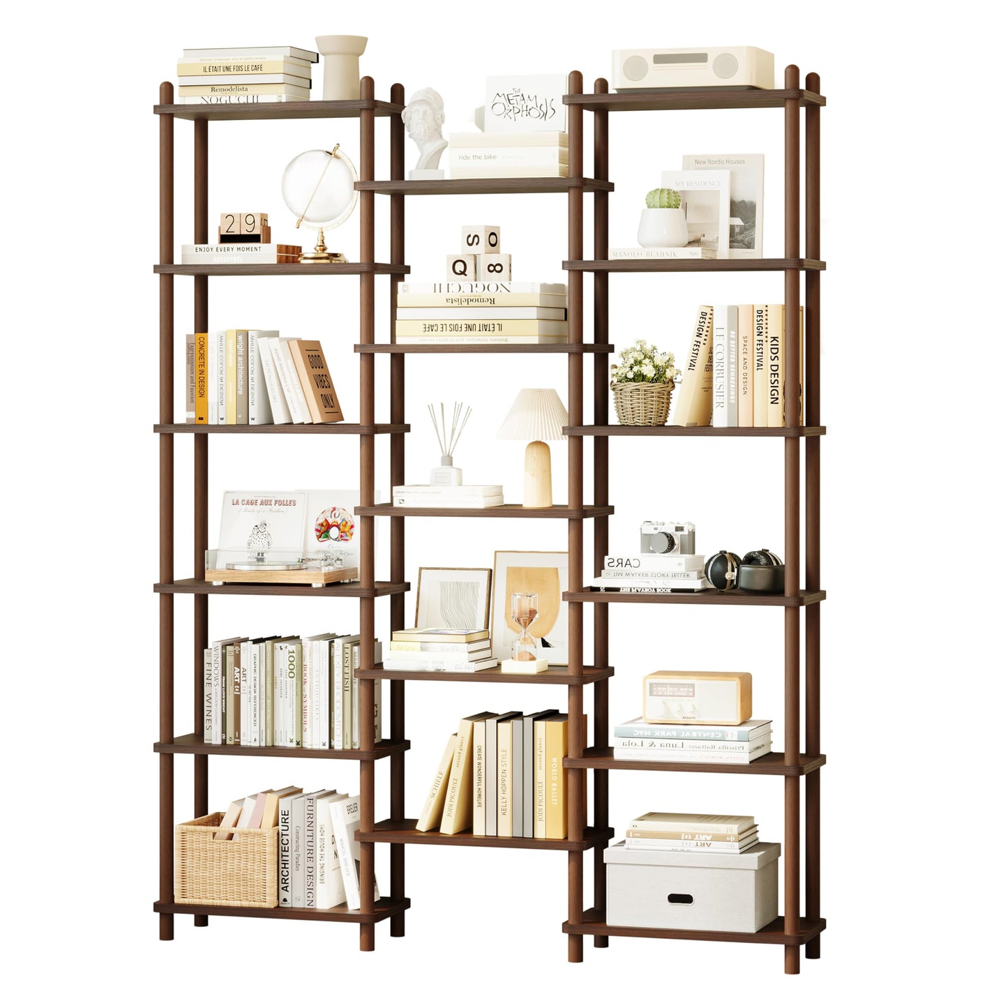 IOTXY Wooden Triple Wide Bookshelf - 5-Tier Large Shelf Bookcase with Solid Beech Frame, Tall Freestanding Open Etagere Display Rack for Home Office, Oak