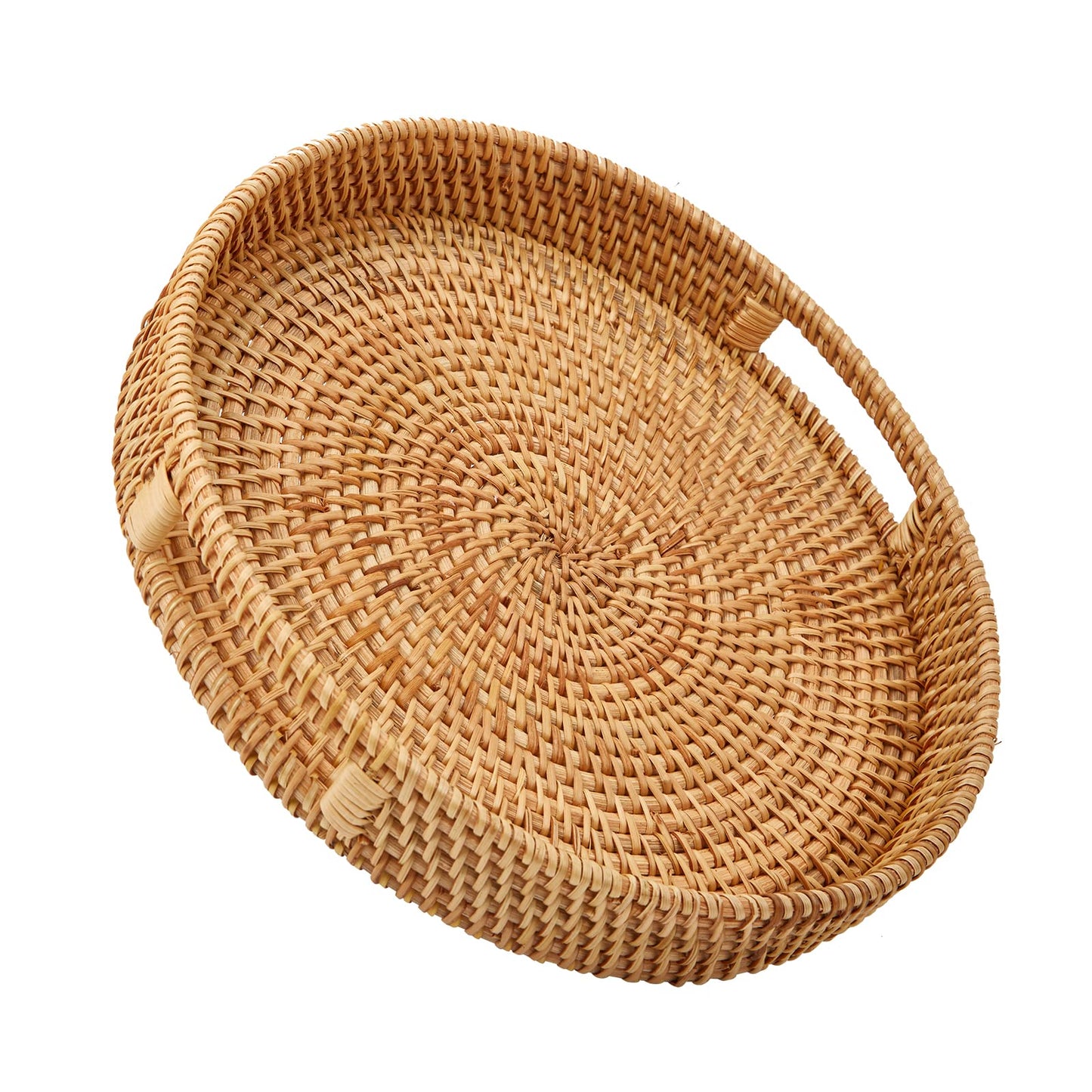 Round Rattan Serving Tray with Handles,2 Hand Woven Basket, Home Decor Organizer Tray for Breakfast, Tea, Snack, Fruit, Coffee, Storage (Large + Medium)(14.17inchX2.3inch+11.9inchX1.7inch