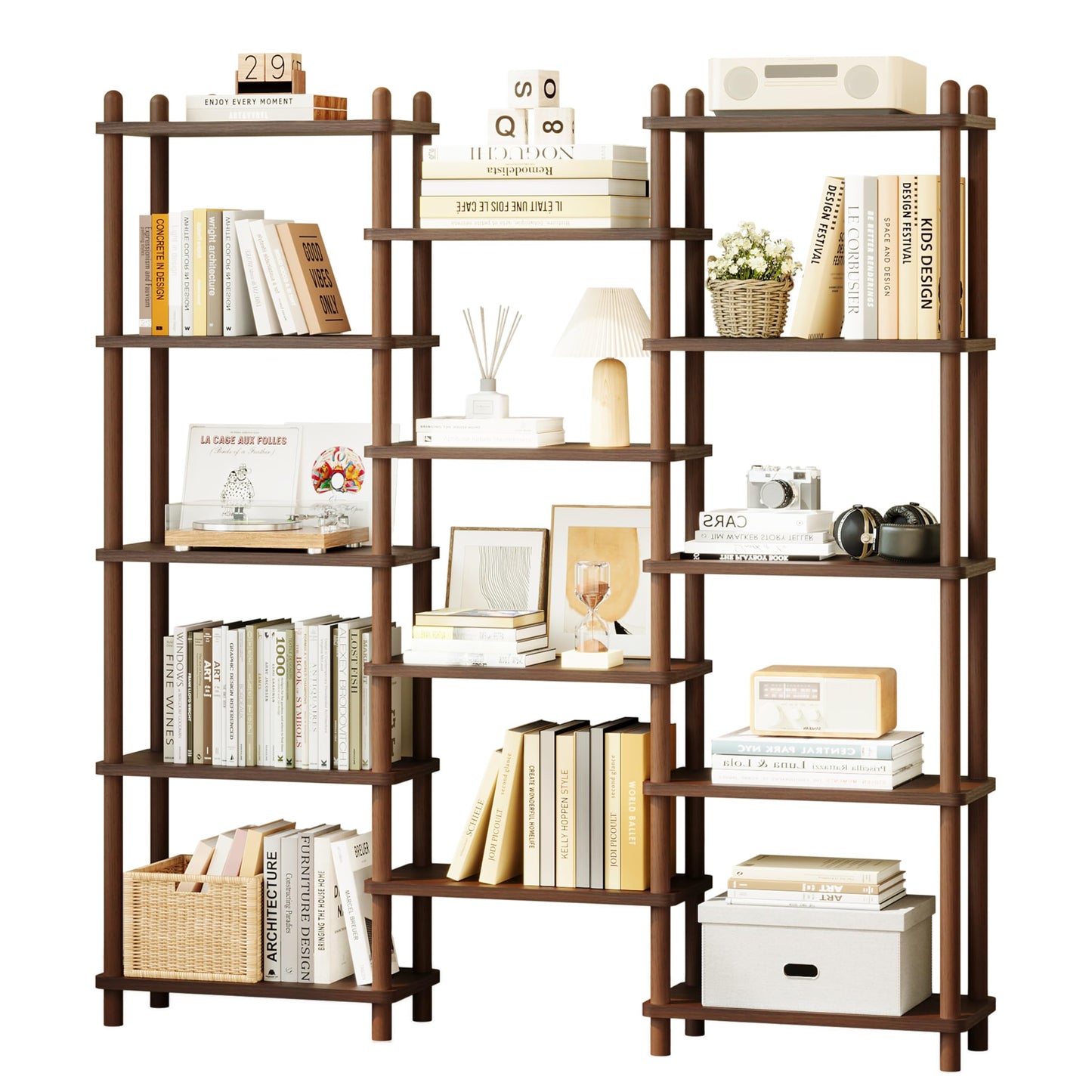 IOTXY Wooden Triple Wide Bookshelf - 5-Tier Large Shelf Bookcase with Solid Beech Frame, Tall Freestanding Open Etagere Display Rack for Home Office, Oak