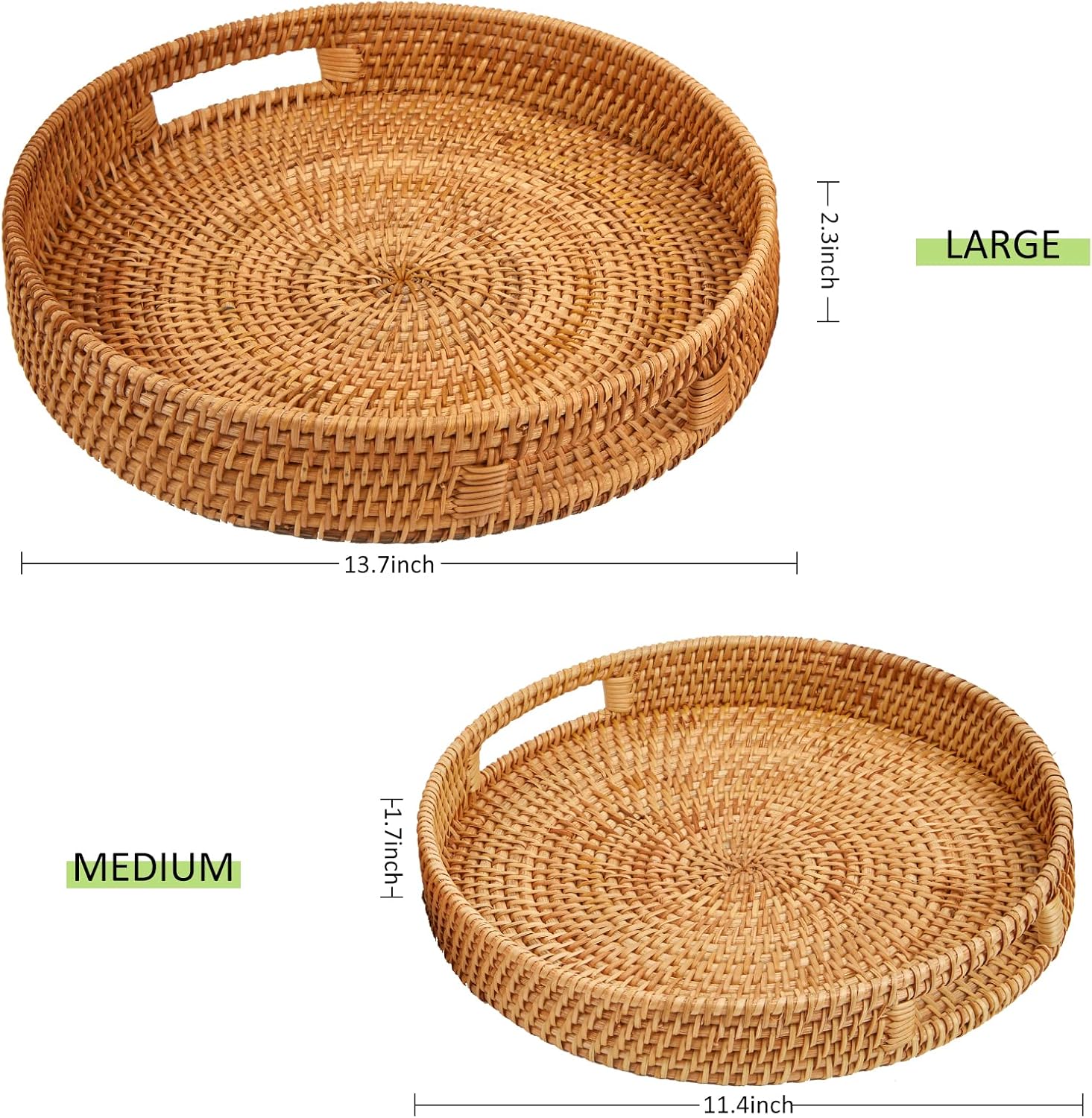 Round Rattan Serving Tray with Handles,2 Hand Woven Basket, Home Decor Organizer Tray for Breakfast, Tea, Snack, Fruit, Coffee, Storage (Large + Medium)(14.17inchX2.3inch+11.9inchX1.7inch