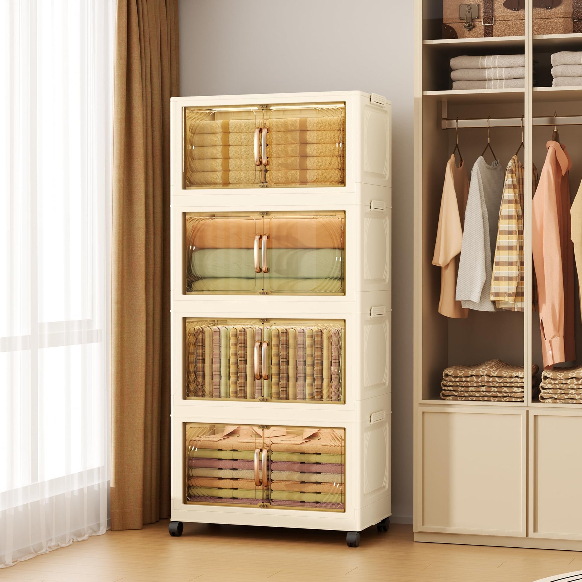 102QT Plastic 5 Tier Storage Bins with Lids,Folding Storage Box with Doors and Wheels Stackable Storage Bins,Closet Organizers and Storage for Living Room,Office,Dorm