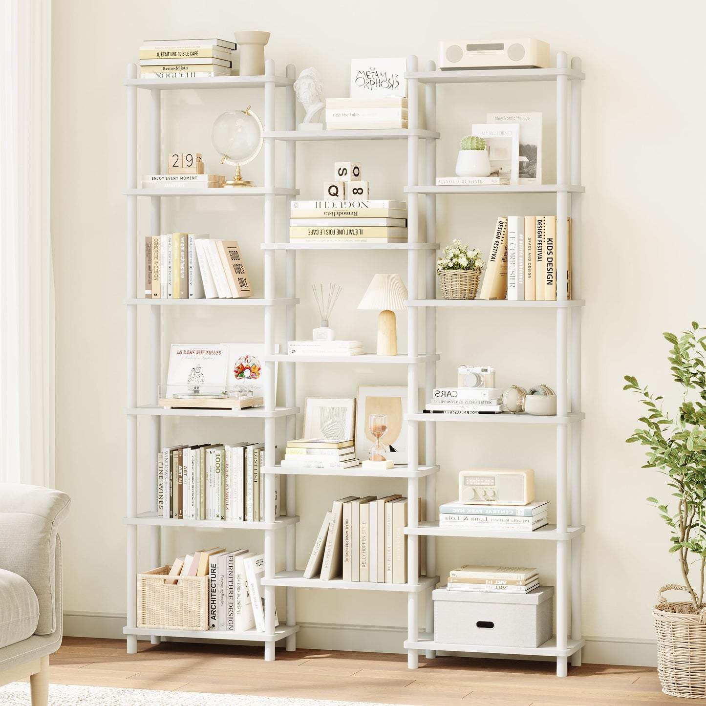 IOTXY Wooden Triple Wide Bookshelf - 5-Tier Large Shelf Bookcase with Solid Beech Frame, Tall Freestanding Open Etagere Display Rack for Home Office, Oak