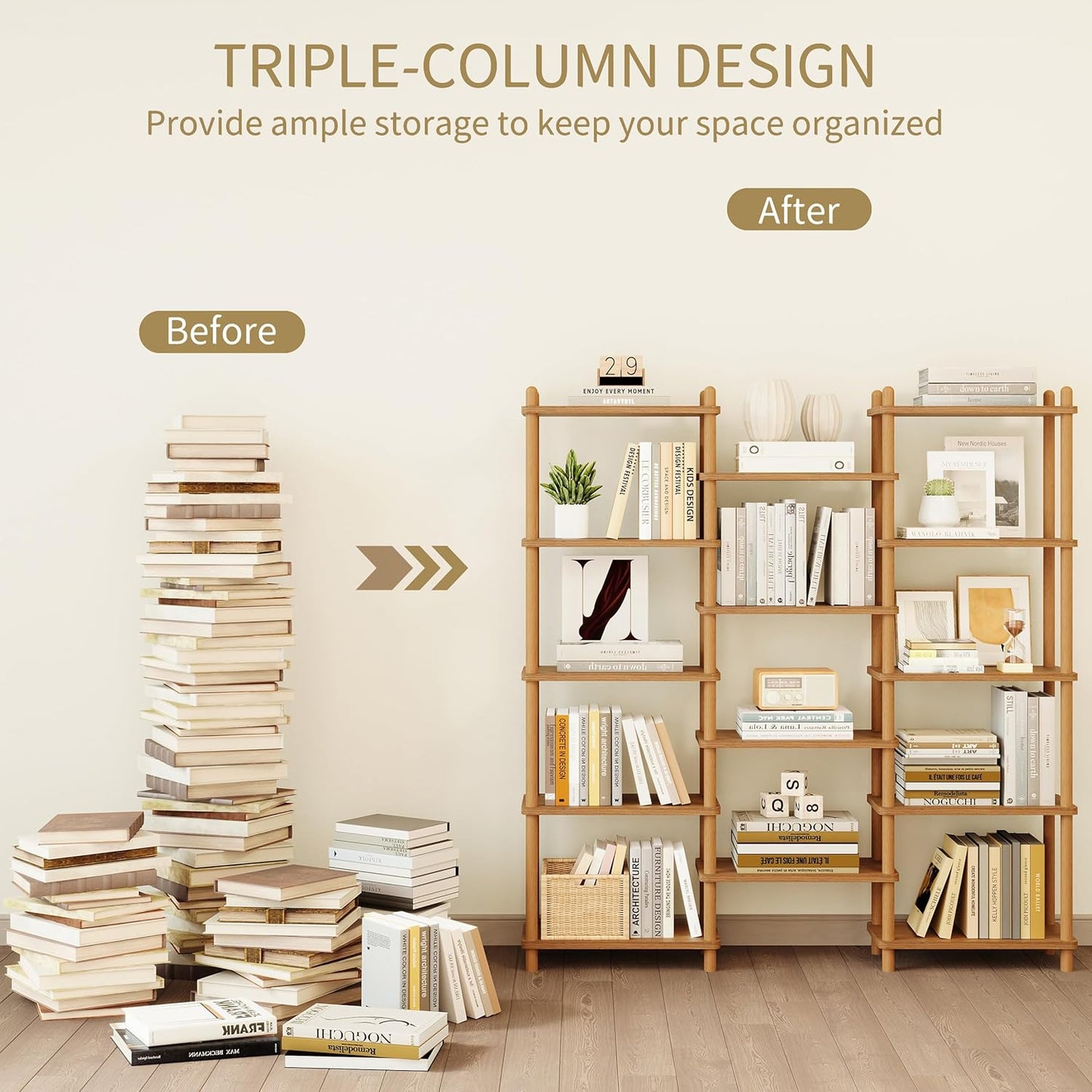 IOTXY Wooden Triple Wide Bookshelf - 5-Tier Large Shelf Bookcase with Solid Beech Frame, Tall Freestanding Open Etagere Display Rack for Home Office, Oak