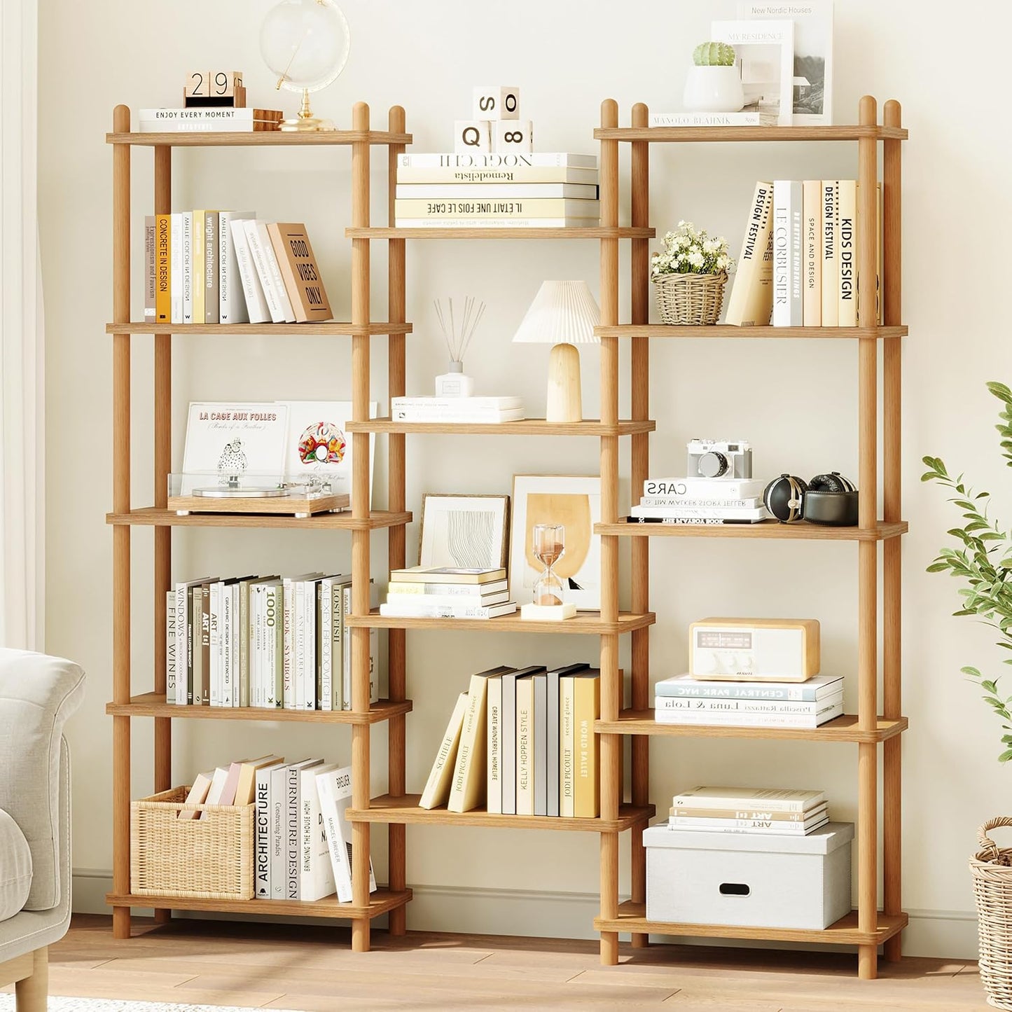 IOTXY Wooden Triple Wide Bookshelf - 5-Tier Large Shelf Bookcase with Solid Beech Frame, Tall Freestanding Open Etagere Display Rack for Home Office, Oak
