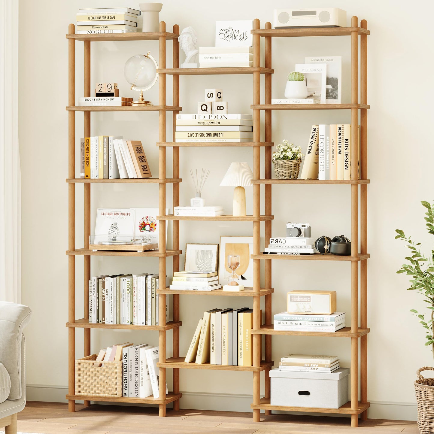 IOTXY Wooden Triple Wide Bookshelf - 5-Tier Large Shelf Bookcase with Solid Beech Frame, Tall Freestanding Open Etagere Display Rack for Home Office, Oak