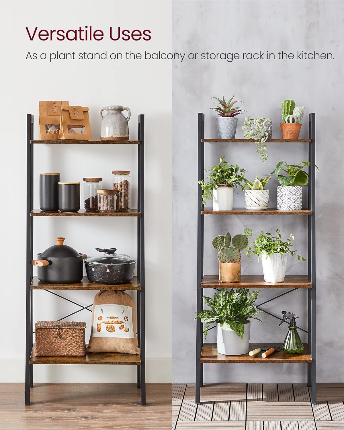 VASAGLE Ladder Shelf, 4-Tier Bookshelf, Storage Rack, Bookcase with Steel Frame, for Living Room, Home Office, Kitchen, Bedroom, Industrial Style, Rustic Brown and Ink Black ULLS44X